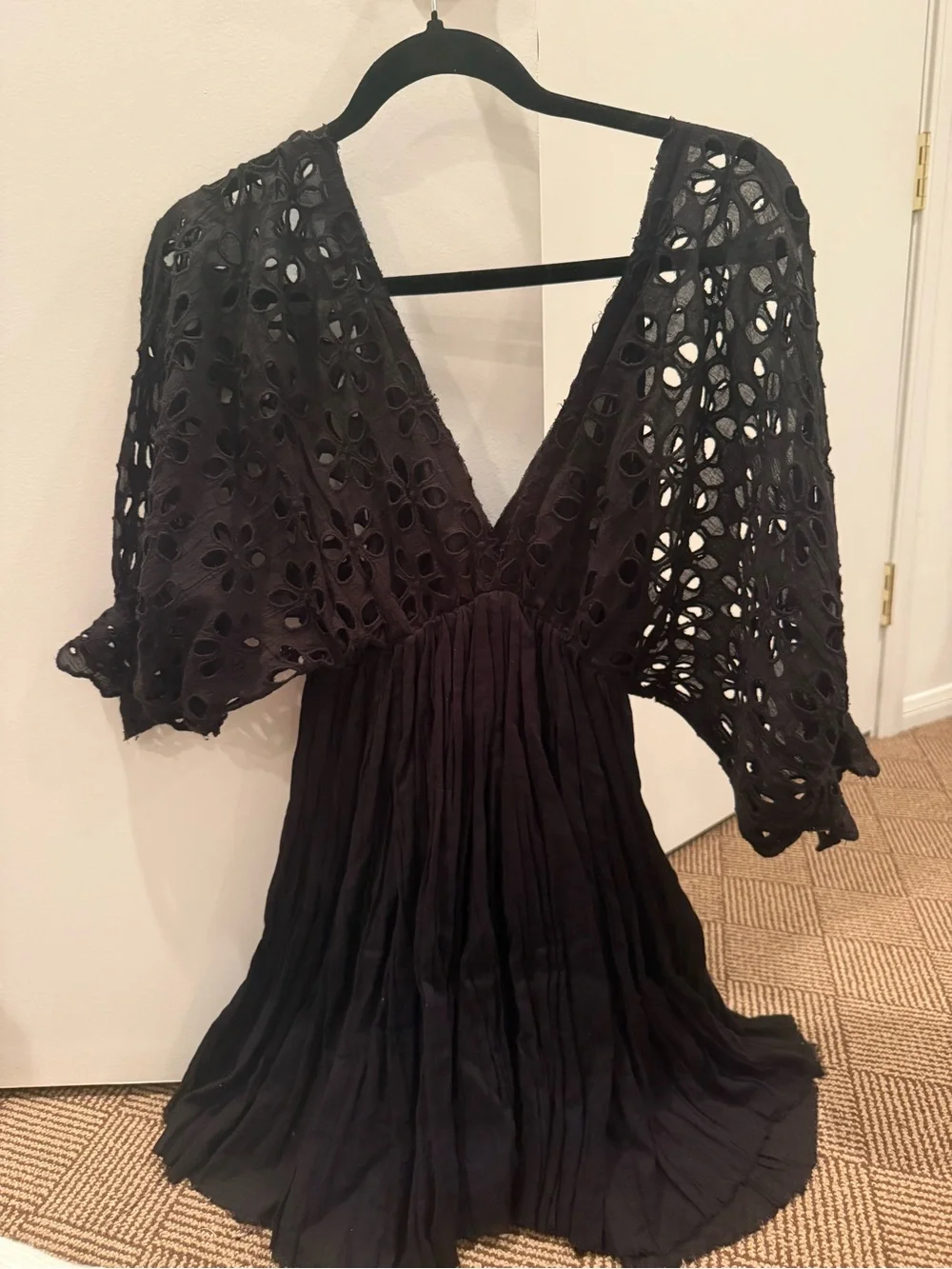 Free People Black Eyelet Puff Sleeve Mini Dress